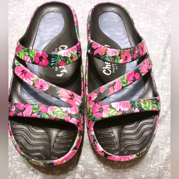 Cheeks Health Sandals by Tony Little Pink Green Floral Womens Slip Ons - Picture 1 of 6